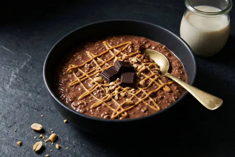  Chocolate peanut butter overnight oats in black ceramic bowl with peanut butter drizzle and dark chocolate