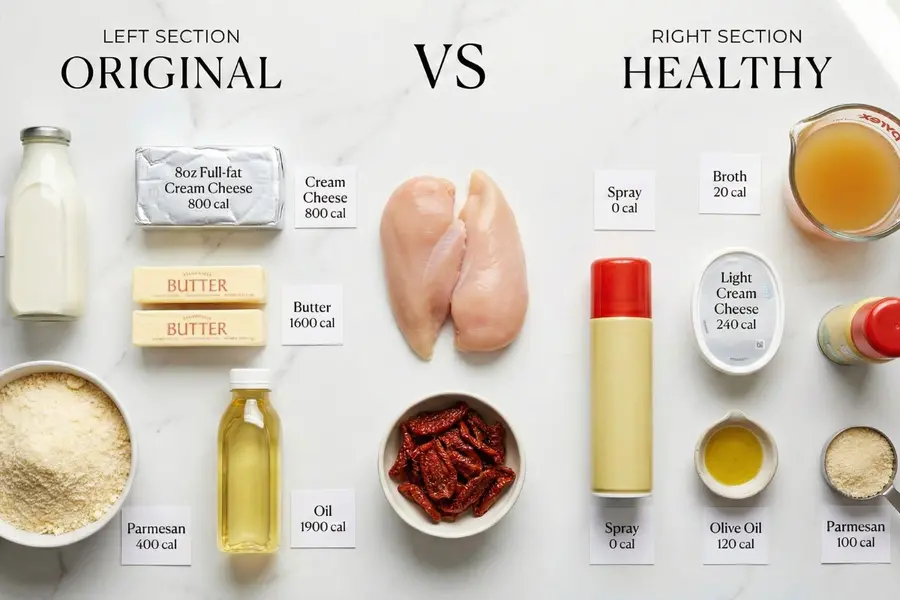 Healthy ingredient swaps for Marry Me Chicken showing light cream cheese vs heavy cream