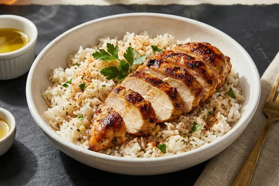 Classic high protein chicken and rice with herbs in rustic white ceramic bowl on slate surface