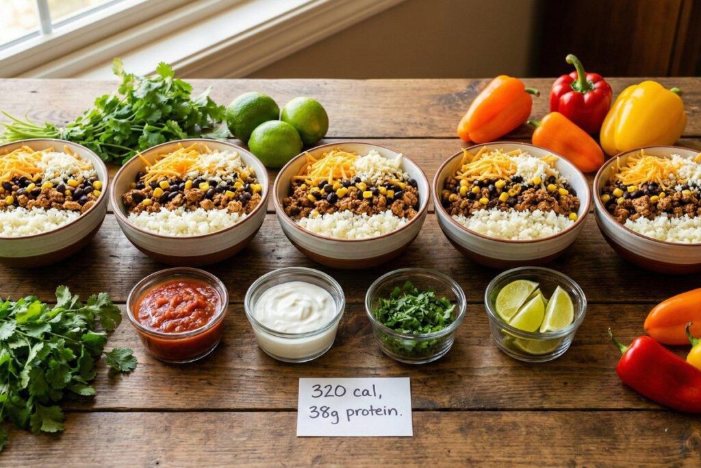Turkey taco bowl meal prep with separate toppings, 320 calorie meals