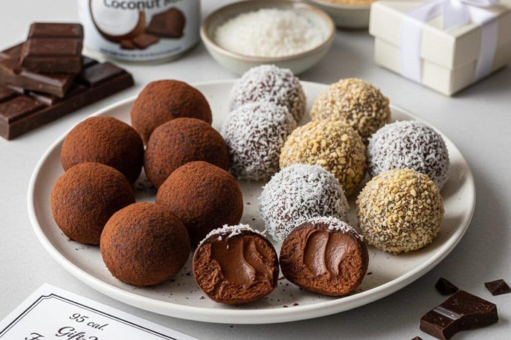  Chocolate coconut truffles with different coatings, elegant vegan dessert