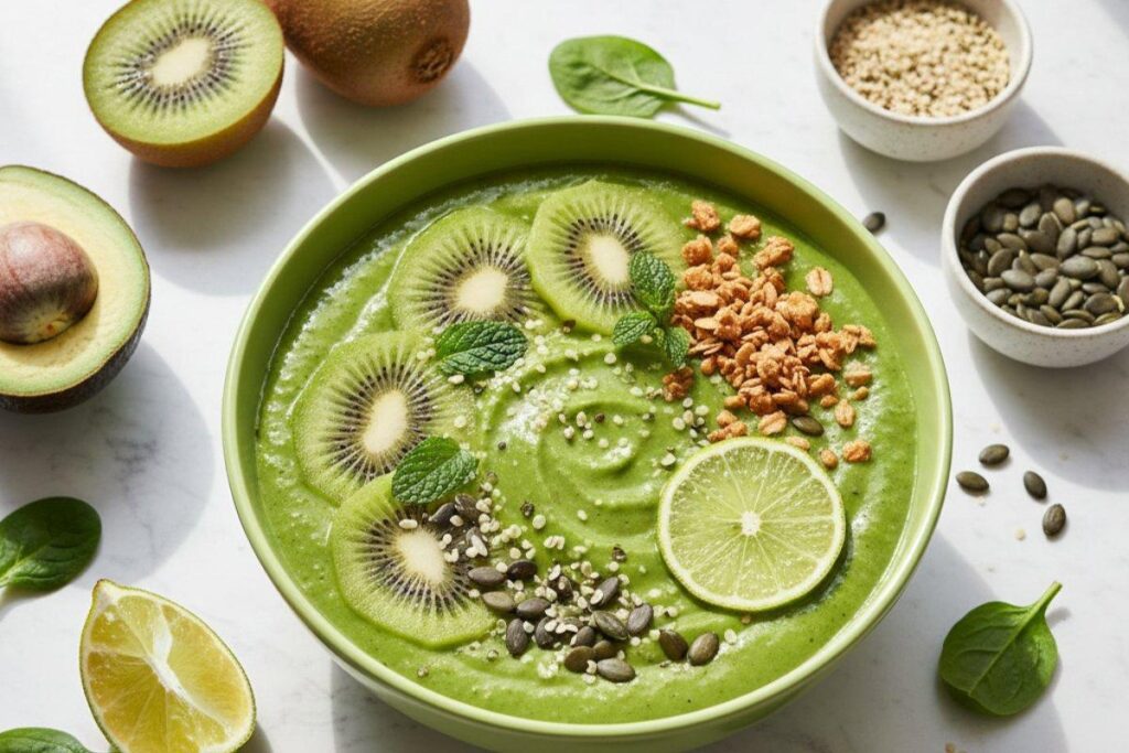 Green goddess smoothie bowl with spinach, mango, and kiwi toppings