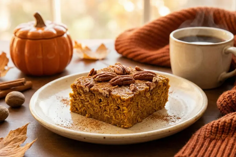 Pumpkin spice baked oatmeal square on orange plate with decorative pumpkin and autumn leaves