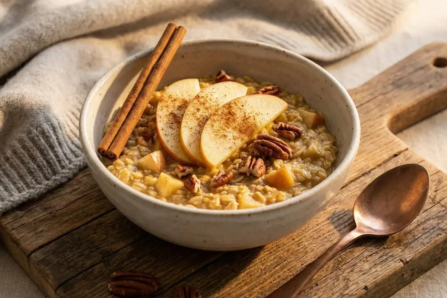 Apple cinnamon high protein overnight oats in ceramic bowl with cinnamon stick and apple slices