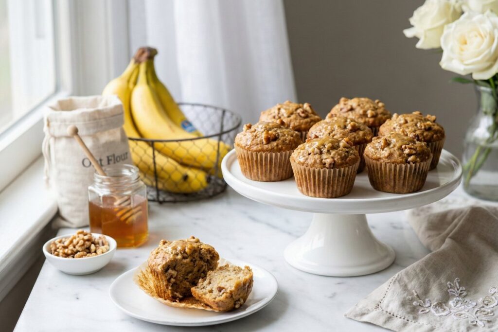 Wholesome banana oat muffins elegant cake stand naturally sweet luxury 