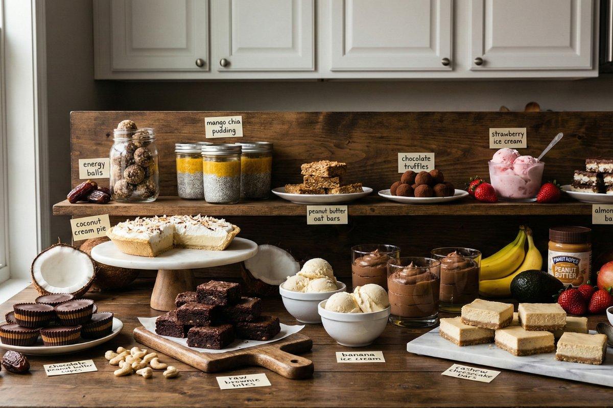 12 no bake vegan desserts arranged on table showing variety and ease