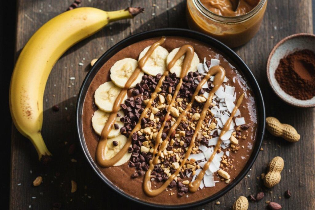 Chocolate peanut butter smoothie bowl with banana and cacao nibs