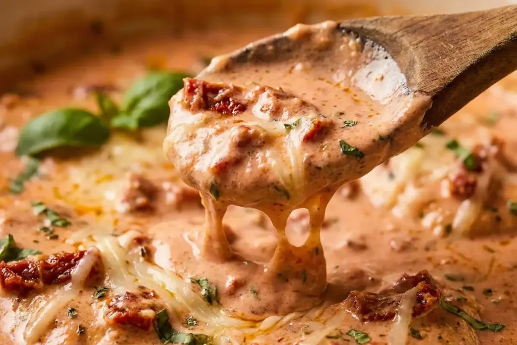 Close-up of creamy sun-dried tomato sauce for healthy marry me chicken showing rich texture