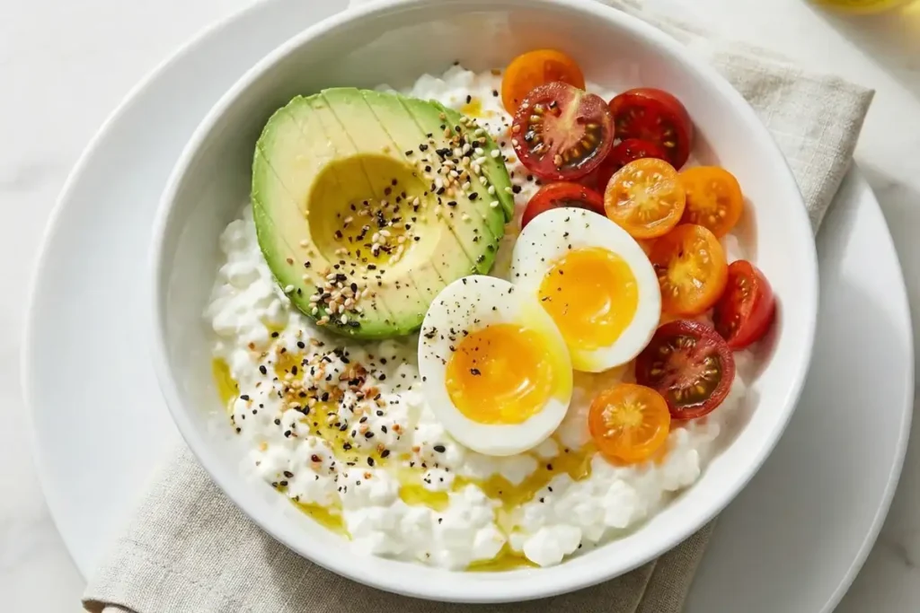 Savory cottage cheese bowl with avocado and eggs