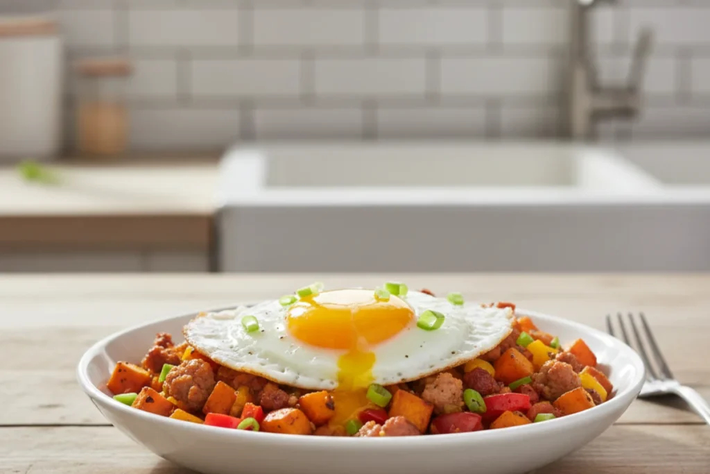 Turkey sausage and sweet potato hash with bell peppers and fried egg for high protein breakfast