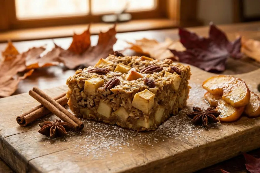Apple cinnamon baked oatmeal square on wooden board with cinnamon sticks and fresh apple slices