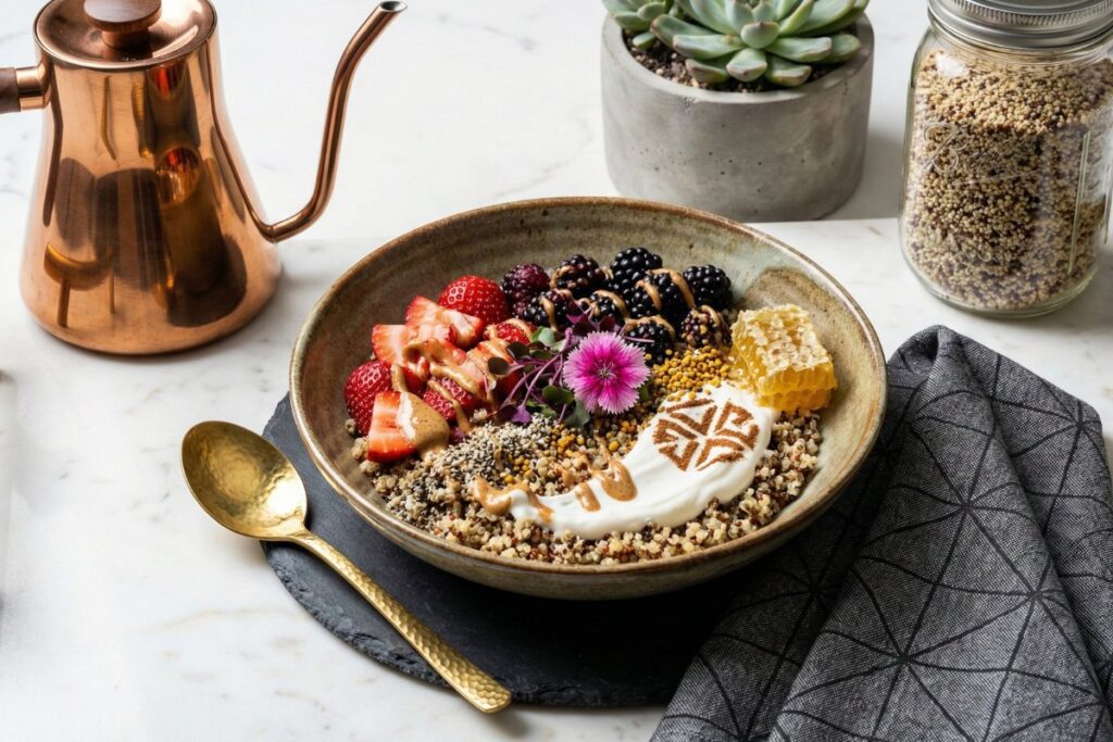 Contemporary quinoa bowl Japanese ceramic 16g protein modern luxury 