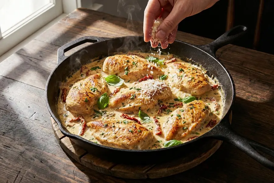  Chicken breasts nestled in creamy sauce in cast iron skillet with Parmesan