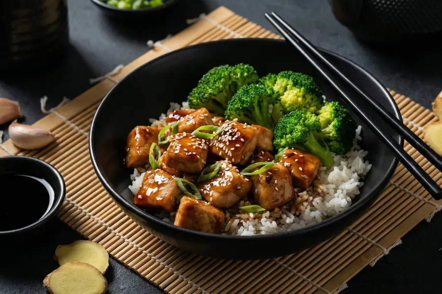 Asian teriyaki chicken and rice with sesame seeds and broccoli in black ceramic bowl with chopsticks