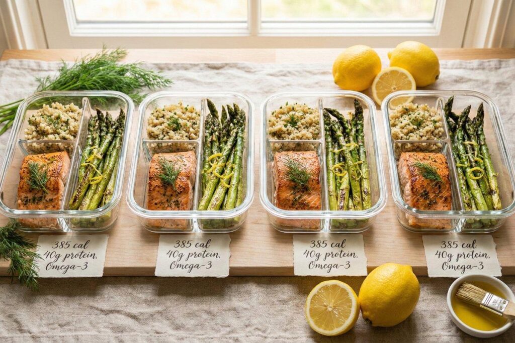Baked salmon meal prep with quinoa and asparagus, gourmet 385 calorie meals