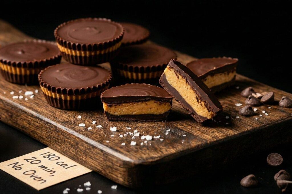 No bake chocolate peanut butter cups showing layers, 180 calories each