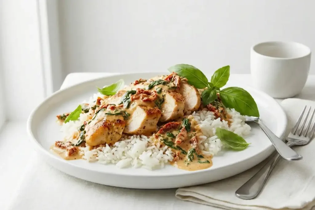 Healthy marry me chicken meal prep sliced and served over jasmine rice with creamy sauce on white plate