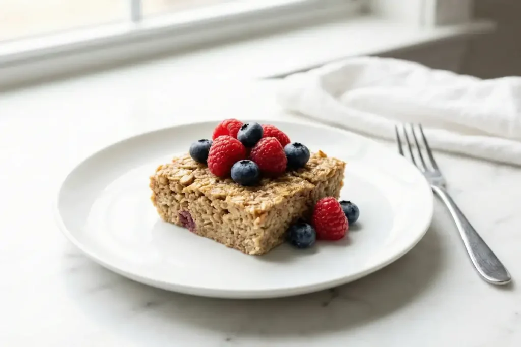 Lower calorie version of high protein baked oatmeal with fresh fruit topping