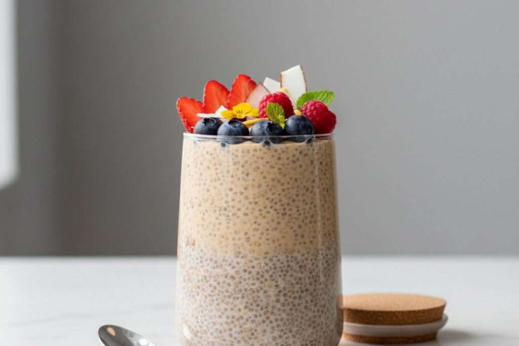 Minimalist chia pudding jar 24g protein Scandinavian food photography