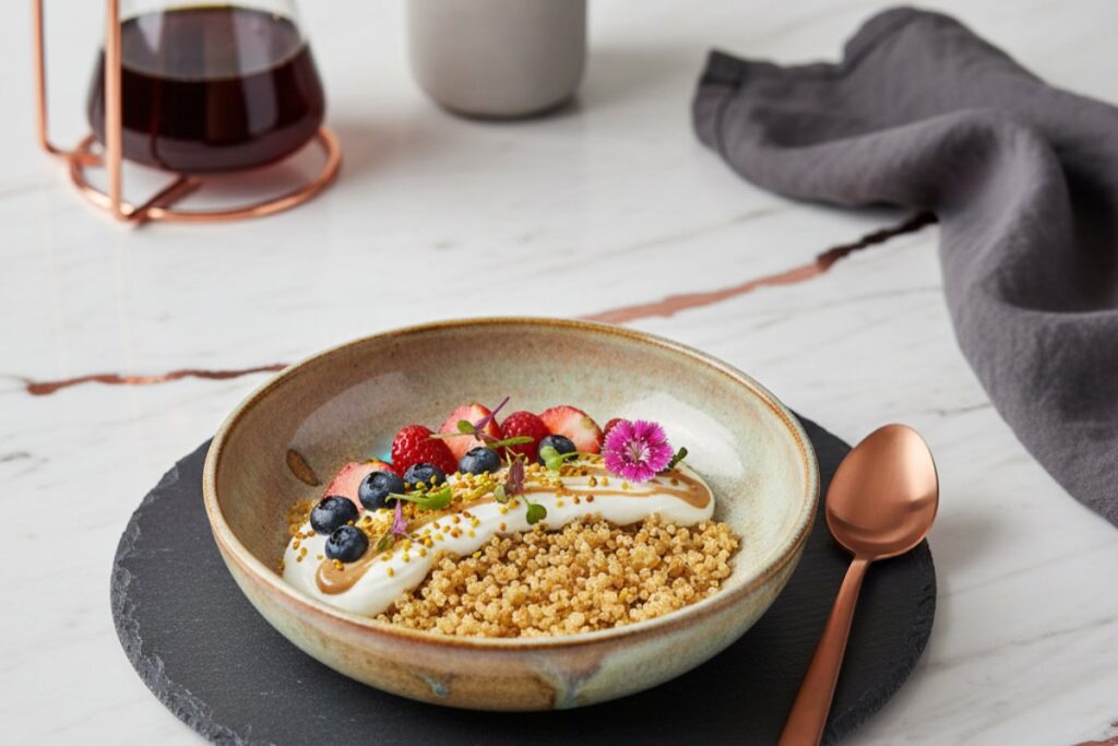 Contemporary quinoa bowl modern plating 20g protein boutique hotel styling