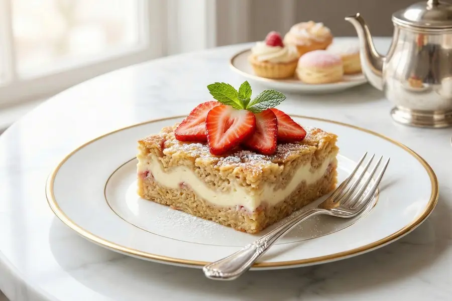 Strawberry cheesecake high protein baked oatmeal with cream cheese swirl and fresh strawberries on elegant white plate