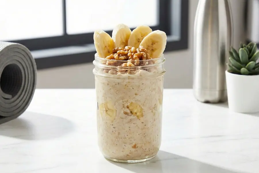 Banana nut overnight oats for weight loss in modern glass jar with walnuts on fitness counter