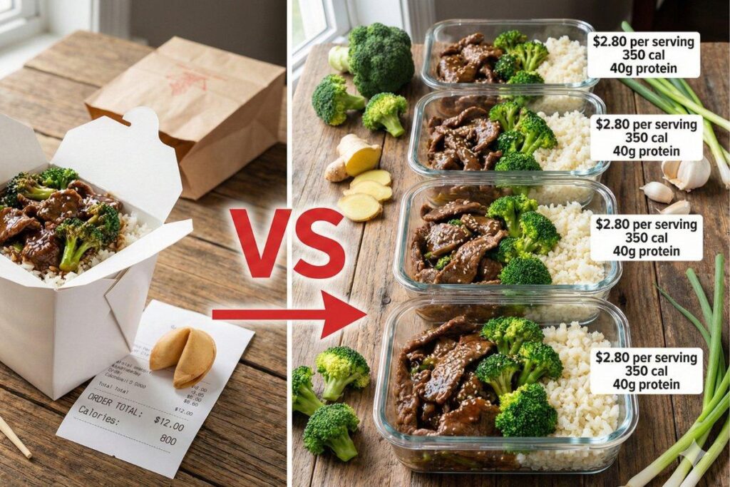 Beef and broccoli meal prep, 350 calories vs 800 calorie restaurant takeout