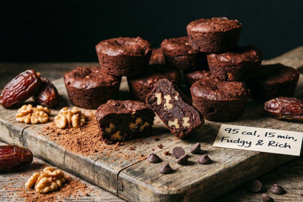 Raw brownie bites no bake vegan dessert, fudgy texture, 95 calories each