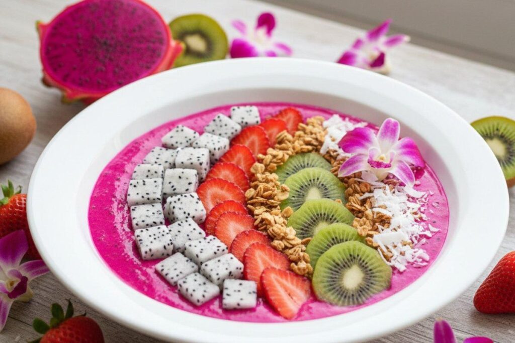 Pink dragon fruit smoothie bowl with colorful tropical fruit toppings