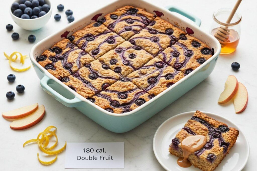 Blueberry apple baked oatmeal with burst blueberries creating jam pockets, 180 calories
