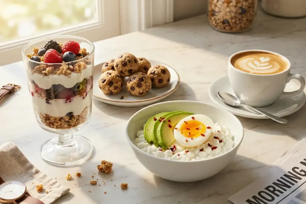 Quick high protein gluten free breakfast ideas including yogurt parfait and cottage cheese
