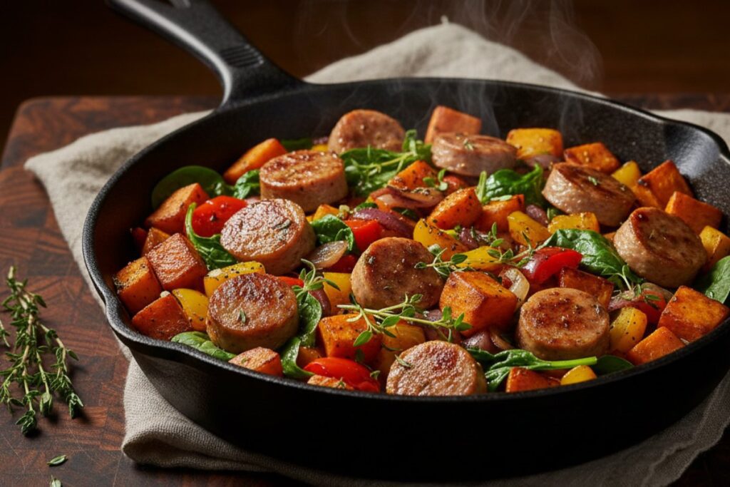 Rustic luxury turkey sausage hash 28g protein moody food photography