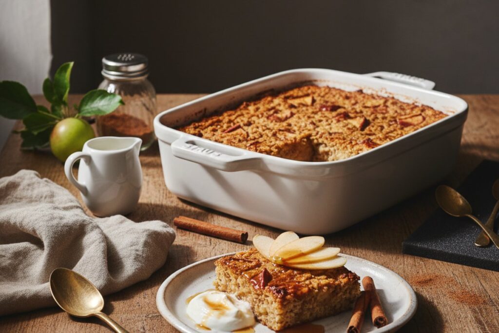 Elegant baked oatmeal Staub dish cozy luxury 11g protein comfort food styling
