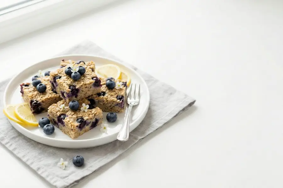 Blueberry lemon baked oatmeal squares on white plate garnished with fresh blueberries and lemon slice