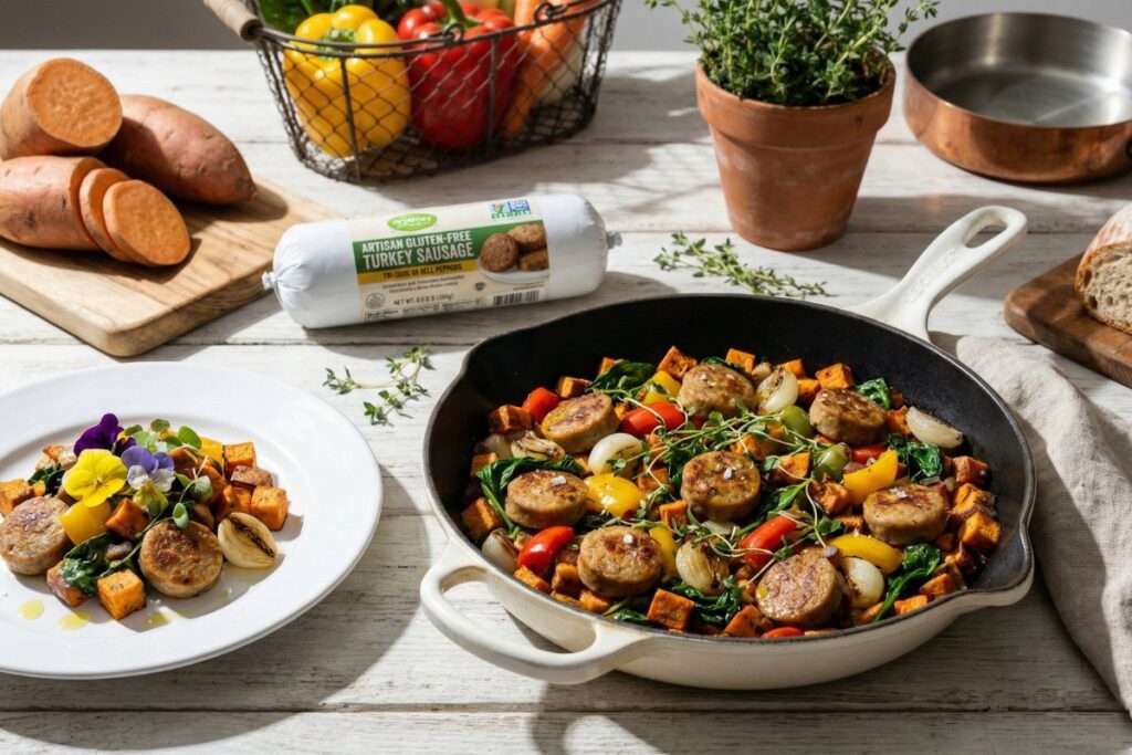 Rustic luxury turkey sausage hash Le Creuset 28g protein gluten free farmhouse elegant
