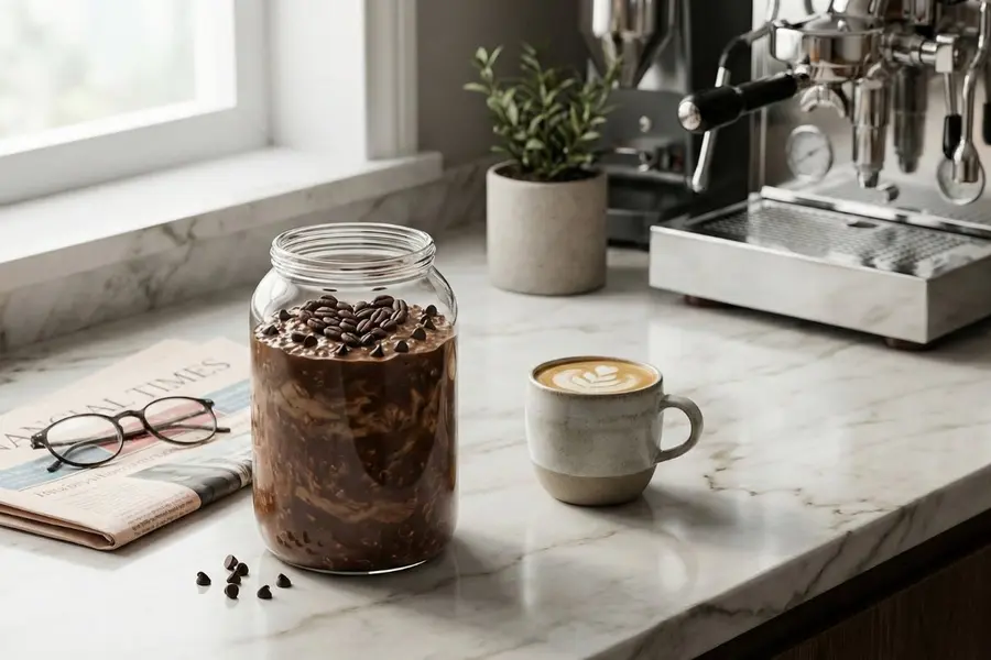 Coffee protein overnight oats in glass jar beside espresso cup on marble coffee bar