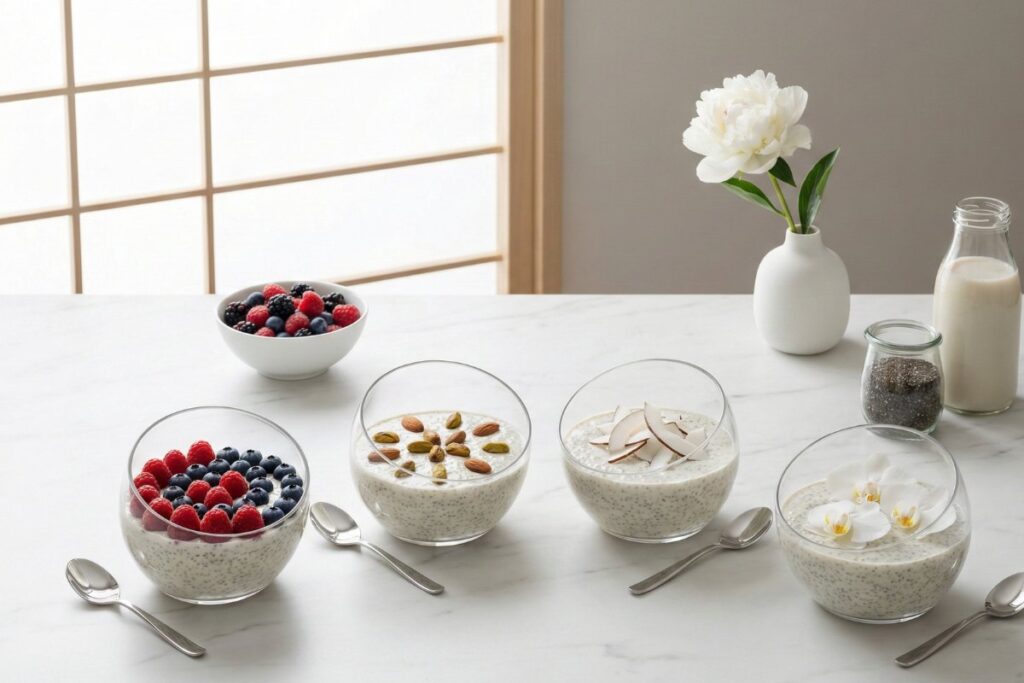 Minimalist luxury chia pudding designer glass 12g protein Scandinavian elegant