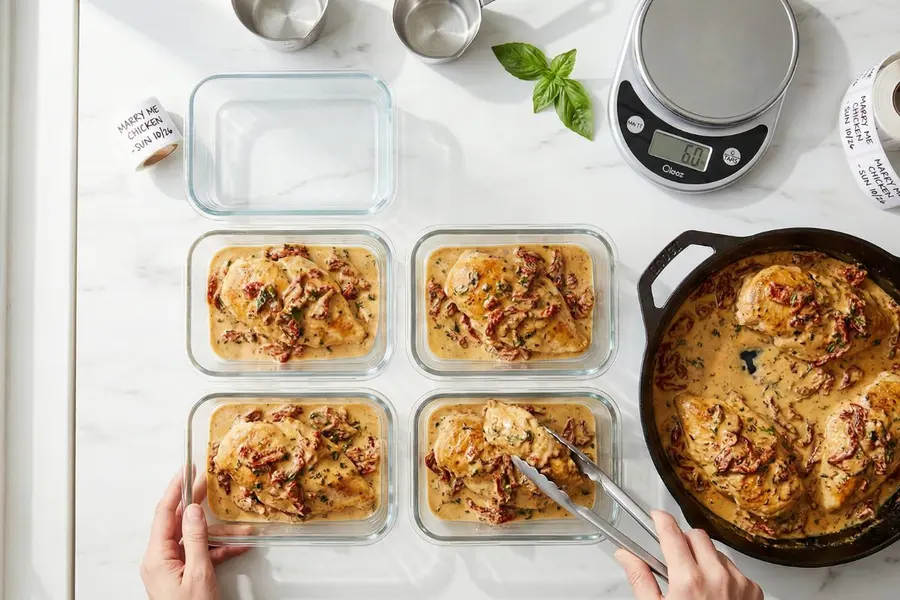Portioning healthy Marry Me Chicken into glass meal prep containers with kitchen scale