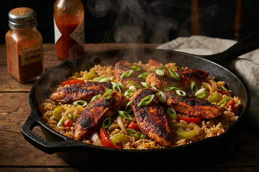 Spicy Cajun chicken and rice with peppers and onions in cast iron skillet on wooden table