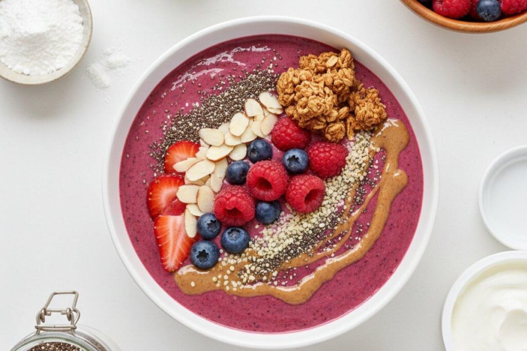 Berry protein smoothie bowl with 22g protein, almonds and seeds