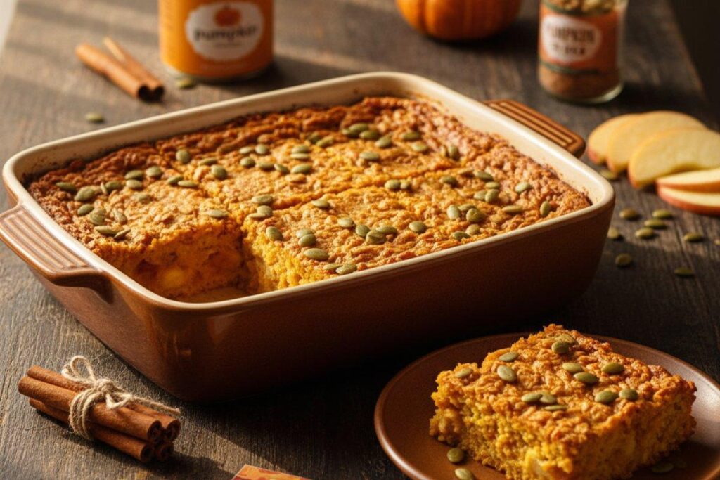 Pumpkin spice apple baked oatmeal with pumpkin seeds, fall breakfast 195 calories