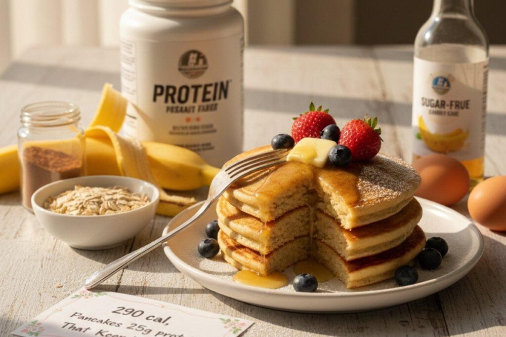 Protein pancakes stack with berries, satisfying 290 calorie breakfast