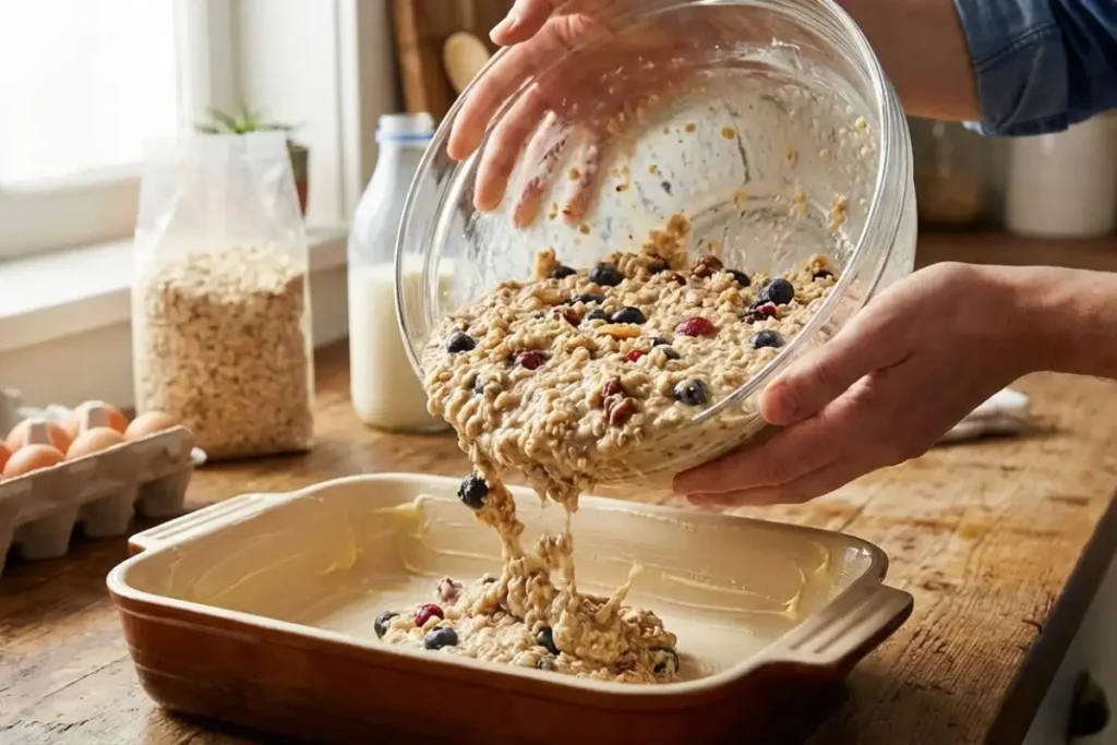 High protein baked oatmeal being prepared showing mixing process