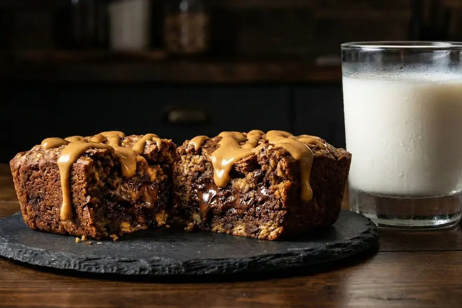 Chocolate peanut butter high protein baked oatmeal cut in half on dark plate with glass of milk