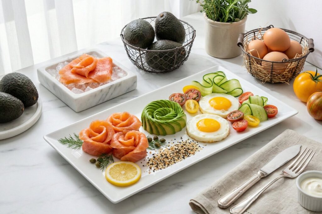 Fine dining smoked salmon avocado eggs Michelin star 28g protein gluten free gourmet