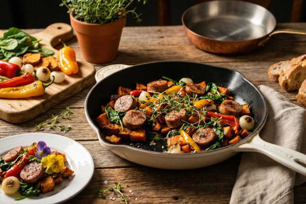 Elevated turkey sausage hash Le Creuset 22g protein farmhouse luxury 