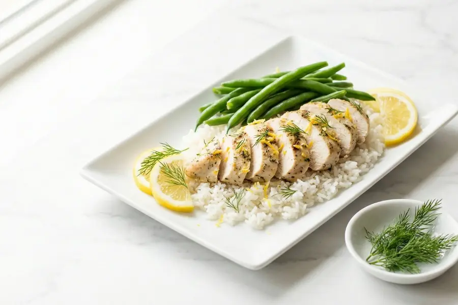 Lemon herb chicken and rice with green beans and fresh dill on white rectangular plate