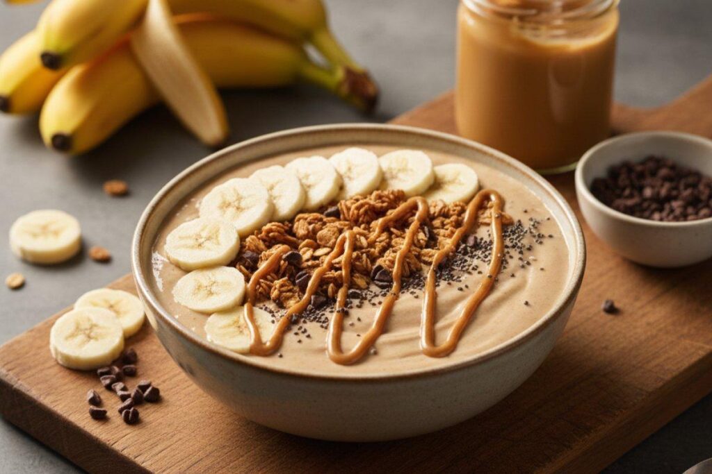 Simple peanut butter banana smoothie bowl with classic toppings
