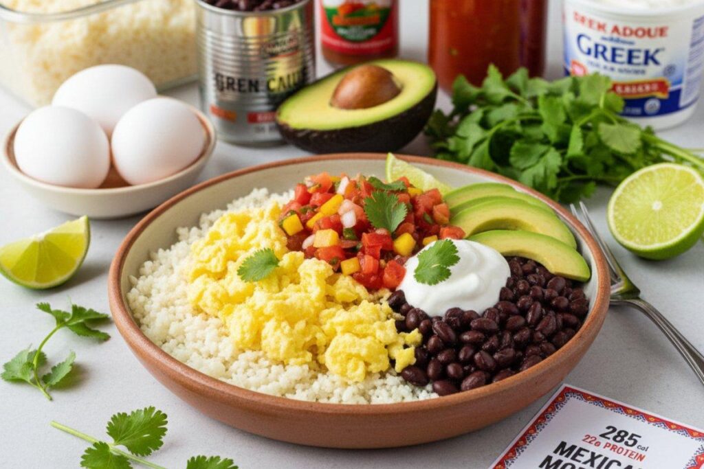 Breakfast burrito bowl with eggs beans and avocado, 285 calorie Mexican breakfast