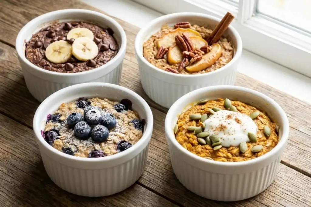 Four different flavors of high protein baked oatmeal including chocolate, apple, and berry